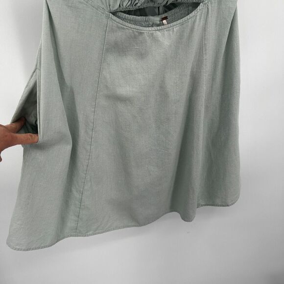 FREE PEOPLE Light Green Bom Bom Island Ruched Linen Cotton Boho Mini Dress Large - Picture 7 of 10